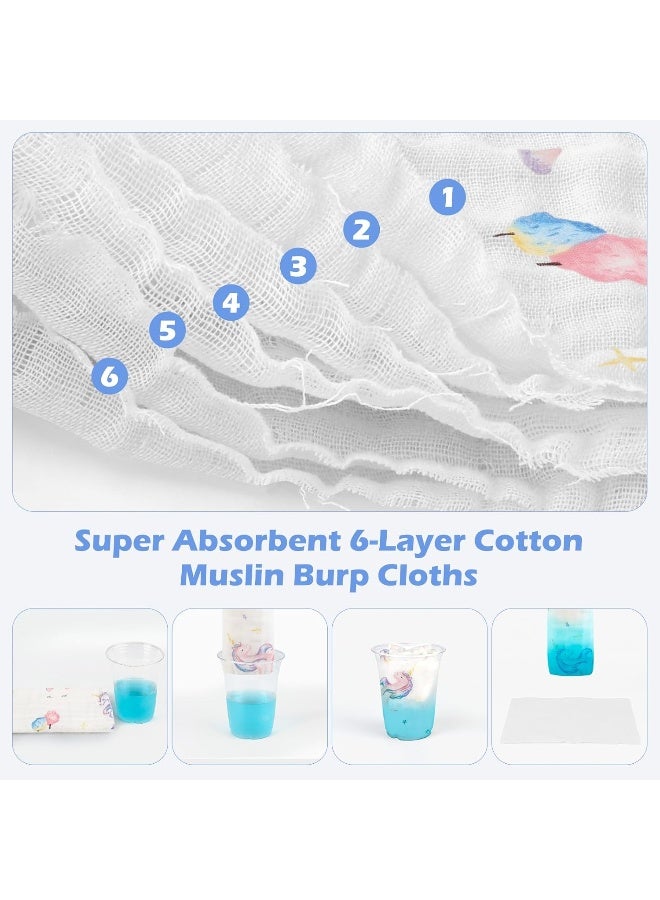 Maliton Muslin Burp Cloths for Baby Girl 6 Pack Large 20''x10'' 100% Cotton Burp Rags Absorbent and Soft 6 Layers Muslin Cloth Baby Boy Newborn Essentials Must Haves(Fairy Tale, Pack of 6) - Image 2